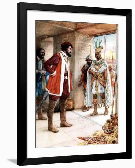 Hernan Cortes Meeting the Aztec Emperor Montezuma, 1519-null-Framed Giclee Print