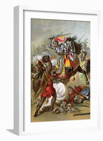 Hernando Cortes Loses Two Horses in Battle with Tlaxcalan Natives in Conquering Mexico, c.1519-null-Framed Giclee Print