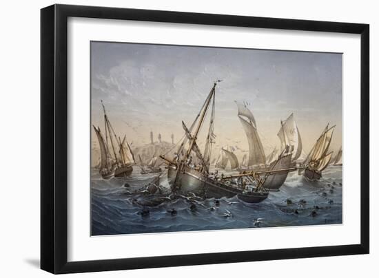 Herring Fishing in English Channel, Lithograph by Louis Lebreton (Died 1866)-null-Framed Giclee Print