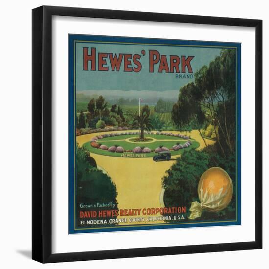 Hewe's Park Orange Label - El Modena, CA-Lantern Press-Framed Art Print