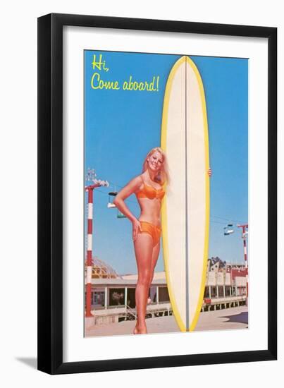 Hi, Come Aboard, Blonde with Surfboard-null-Framed Art Print
