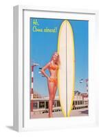 Hi, Come Aboard, Blonde with Surfboard-null-Framed Art Print