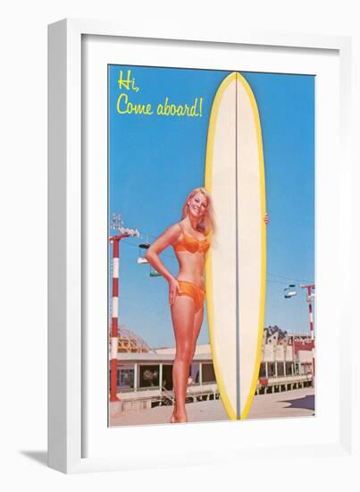 Hi, Come Aboard, Blonde with Surfboard-null-Framed Art Print