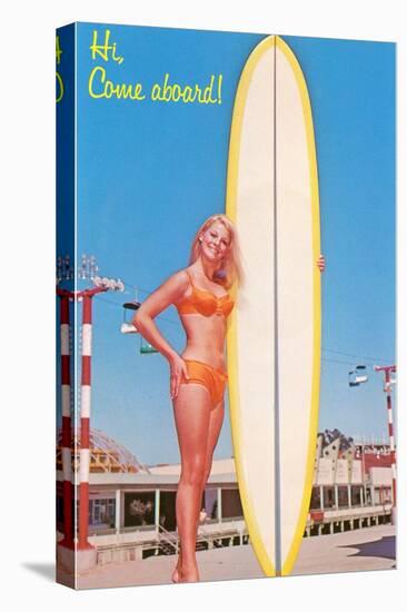 Hi, Come Aboard, Blonde with Surfboard-null-Stretched Canvas