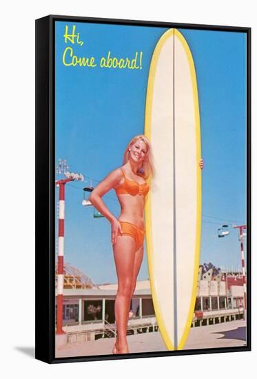 Hi, Come Aboard, Blonde with Surfboard-null-Framed Stretched Canvas