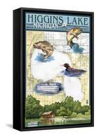 Higgins Lake, Michigan - Lake Chart-Lantern Press-Framed Stretched Canvas