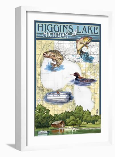 Higgins Lake, Michigan - Lake Chart-Lantern Press-Framed Art Print