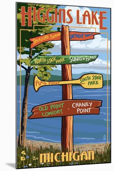 Higgins Lake, Michigan - Sign Post-Lantern Press-Mounted Art Print