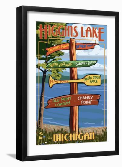 Higgins Lake, Michigan - Sign Post-Lantern Press-Framed Art Print