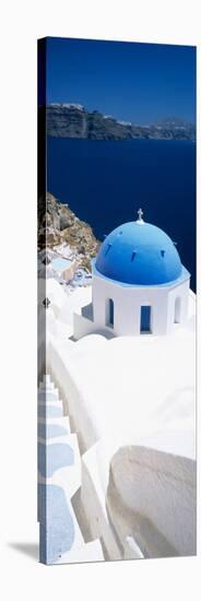 High Angle View of a Church with Blue Dome, Oia, Santorini, Cyclades Islands, Greece-null-Stretched Canvas