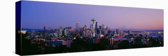 High Angle View of a City at Sunrise, Seattle, Mt Rainier, King County, Washington State, USA 2013-null-Stretched Canvas