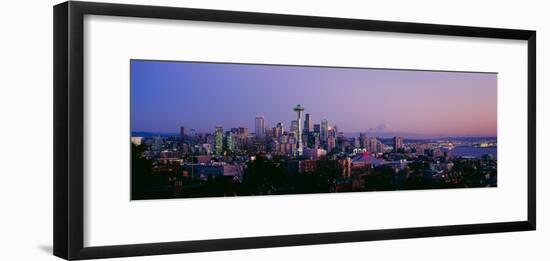 High Angle View of a City at Sunrise, Seattle, Mt Rainier, King County, Washington State, USA 2013-null-Framed Photographic Print