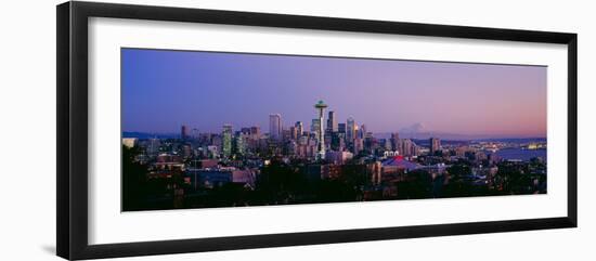 High Angle View of a City at Sunrise, Seattle, Mt Rainier, King County, Washington State, USA 2013-null-Framed Photographic Print