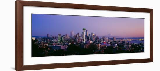 High Angle View of a City at Sunrise, Seattle, Mt Rainier, King County, Washington State, USA 2013-null-Framed Photographic Print