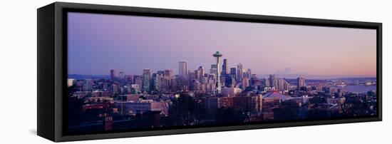 High Angle View of a City at Sunrise, Seattle, Mt Rainier, King County, Washington State, USA 2013-null-Framed Stretched Canvas