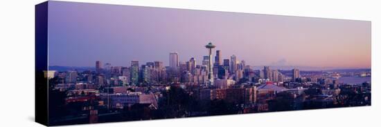 High Angle View of a City at Sunrise, Seattle, Mt Rainier, King County, Washington State, USA 2013-null-Stretched Canvas