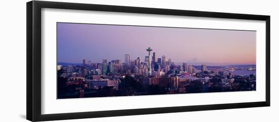 High Angle View of a City at Sunrise, Seattle, Mt Rainier, King County, Washington State, USA 2013-null-Framed Photographic Print