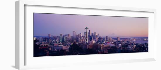 High Angle View of a City at Sunrise, Seattle, Mt Rainier, King County, Washington State, USA 2013-null-Framed Photographic Print