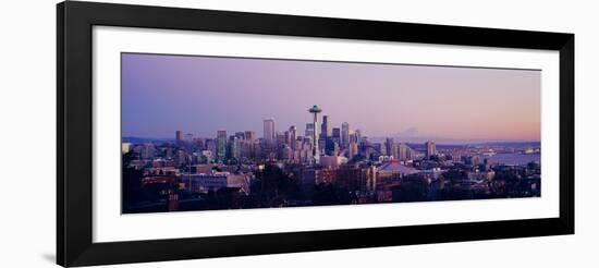 High Angle View of a City at Sunrise, Seattle, Mt Rainier, King County, Washington State, USA 2013-null-Framed Photographic Print