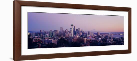 High Angle View of a City at Sunrise, Seattle, Mt Rainier, King County, Washington State, USA 2013-null-Framed Photographic Print