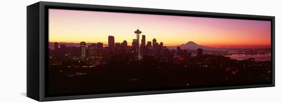 High Angle View of a City at Sunrise, Seattle, Mt Rainier, King County, Washington State, USA 2013-null-Framed Stretched Canvas
