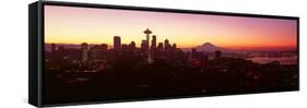 High Angle View of a City at Sunrise, Seattle, Mt Rainier, King County, Washington State, USA 2013-null-Framed Stretched Canvas