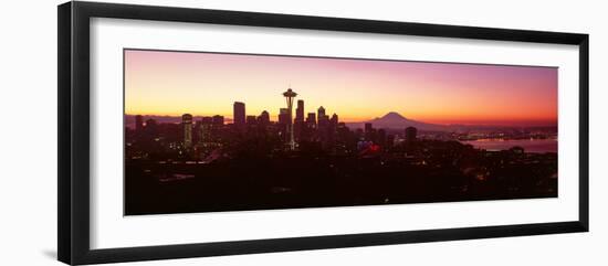 High Angle View of a City at Sunrise, Seattle, Mt Rainier, King County, Washington State, USA 2013-null-Framed Photographic Print