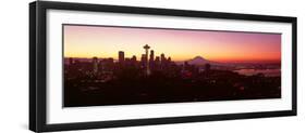 High Angle View of a City at Sunrise, Seattle, Mt Rainier, King County, Washington State, USA 2013-null-Framed Photographic Print