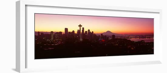 High Angle View of a City at Sunrise, Seattle, Mt Rainier, King County, Washington State, USA 2013-null-Framed Photographic Print