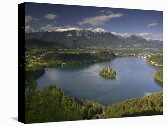 High Angle View of a Lake, Lake Bled, Julian Alps, Bled, Gorenjska, Slovenia-null-Stretched Canvas