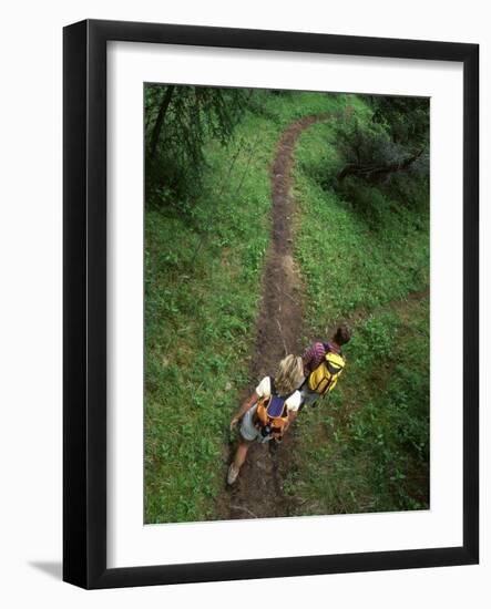 High Angle View of a Young Couple Hiking on a Forest Trail-null-Framed Photographic Print