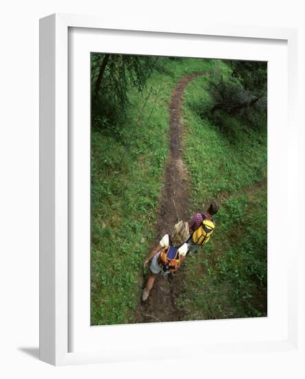 High Angle View of a Young Couple Hiking on a Forest Trail-null-Framed Photographic Print