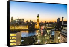 High angle view of Big Ben, the Palace of Westminster and Westminster Bridge at dusk, London, Engla-Fraser Hall-Framed Stretched Canvas