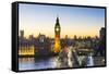 High angle view of Big Ben, the Palace of Westminster and Westminster Bridge at dusk, London, Engla-Fraser Hall-Framed Stretched Canvas