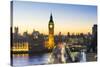 High angle view of Big Ben, the Palace of Westminster and Westminster Bridge at dusk, London, Engla-Fraser Hall-Stretched Canvas