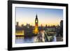 High angle view of Big Ben, the Palace of Westminster and Westminster Bridge at dusk, London, Engla-Fraser Hall-Framed Photographic Print