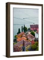 High Angle View of Buildings in a Town at the Lakeside, Varenna, Lake Como, Lombardy, Italy-null-Framed Photographic Print