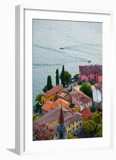 High Angle View of Buildings in a Town at the Lakeside, Varenna, Lake Como, Lombardy, Italy-null-Framed Photographic Print