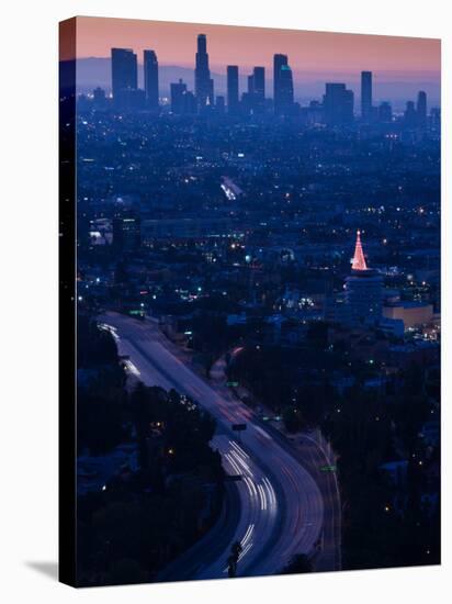 High Angle View of Highway 101 at Dawn, Hollywood Freeway, Hollywood, Los Angeles, California, USA-null-Stretched Canvas
