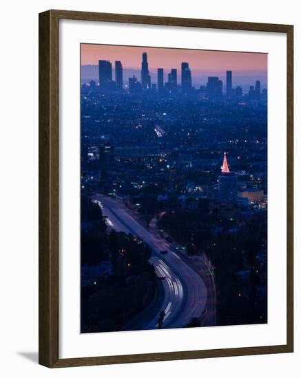 High Angle View of Highway 101 at Dawn, Hollywood Freeway, Hollywood, Los Angeles, California, USA-null-Framed Photographic Print