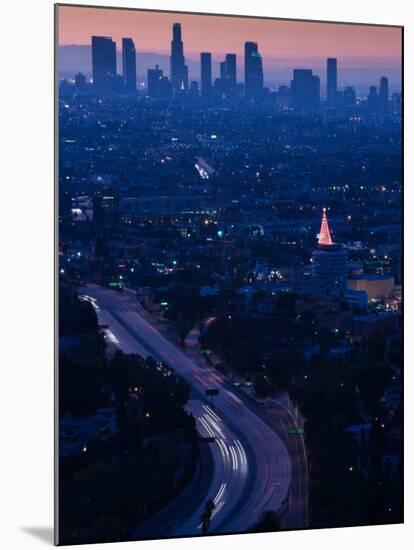 High Angle View of Highway 101 at Dawn, Hollywood Freeway, Hollywood, Los Angeles, California, USA-null-Mounted Photographic Print