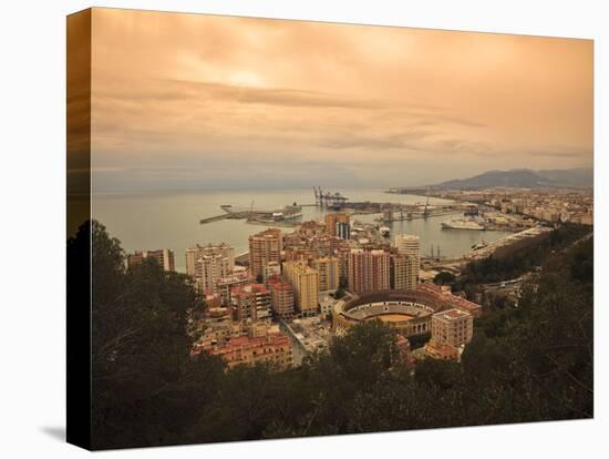 High Angle View of Malaga Cityscape with Bullring and Docks, Andalusia, Spain, Europe-Ian Egner-Stretched Canvas