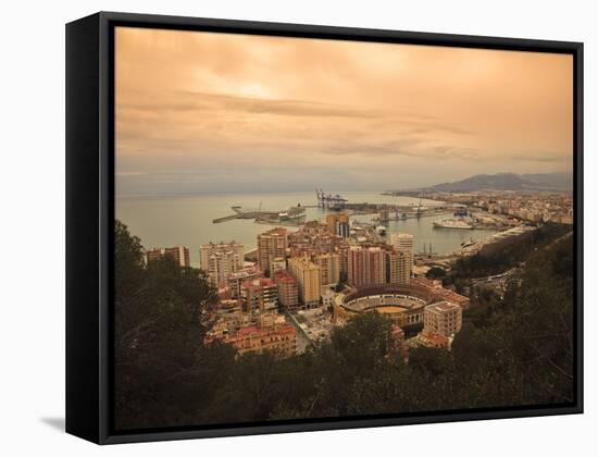 High Angle View of Malaga Cityscape with Bullring and Docks, Andalusia, Spain, Europe-Ian Egner-Framed Stretched Canvas