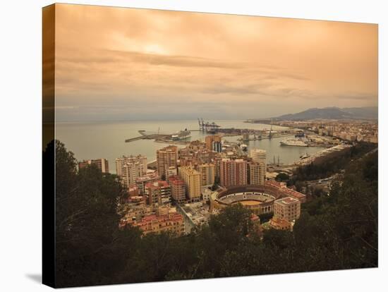 High Angle View of Malaga Cityscape with Bullring and Docks, Andalusia, Spain, Europe-Ian Egner-Stretched Canvas