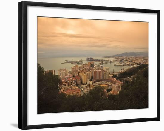 High Angle View of Malaga Cityscape with Bullring and Docks, Andalusia, Spain, Europe-Ian Egner-Framed Photographic Print