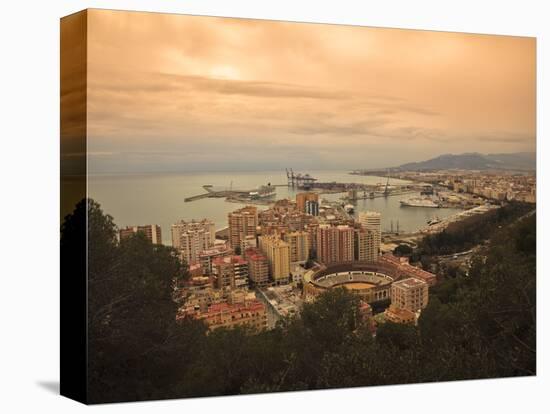 High Angle View of Malaga Cityscape with Bullring and Docks, Andalusia, Spain, Europe-Ian Egner-Stretched Canvas