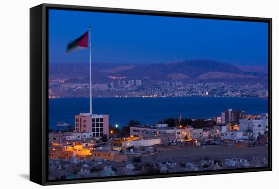 High angle view of Port of Aqaba and Flag of Jordan at sunrise, Aqaba, Jordan-null-Framed Stretched Canvas