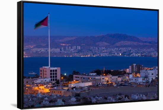 High angle view of Port of Aqaba and Flag of Jordan at sunrise, Aqaba, Jordan-null-Framed Stretched Canvas
