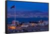 High angle view of Port of Aqaba and Flag of Jordan at sunrise, Aqaba, Jordan-null-Framed Stretched Canvas