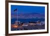 High angle view of Port of Aqaba and Flag of Jordan at sunrise, Aqaba, Jordan-null-Framed Photographic Print